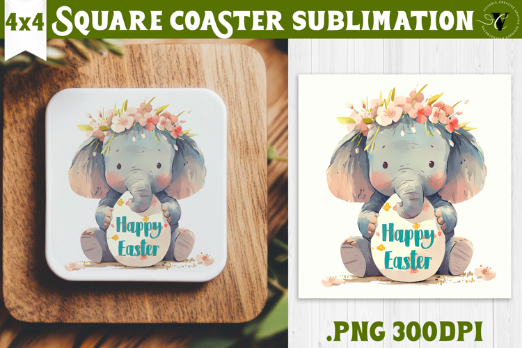 Easter Square Coaster | Watercolor Elephant | Happy Easter