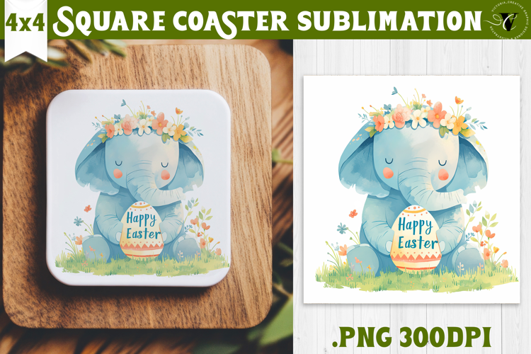 Easter Square Coaster | Watercolor Elephant | Happy Easter