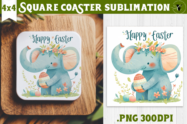 Easter Square Coaster | Watercolor Elephant | Happy Easter