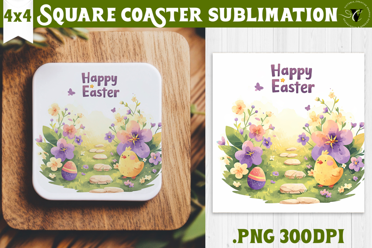Easter Square Coaster | Watercolor Chick | Happy Easter
