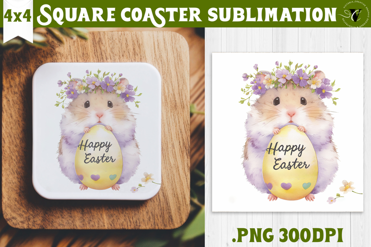 Easter Square Coaster | Watercolor Hamster | Happy Easter