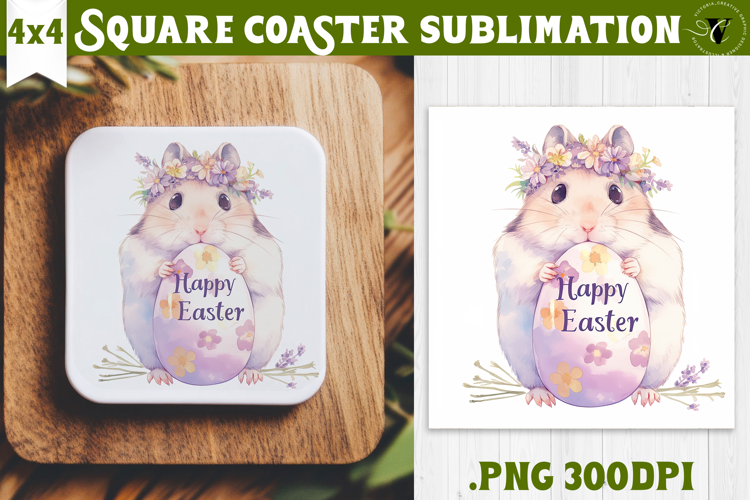 Easter Square Coaster | Watercolor Hamster | Happy Easter
