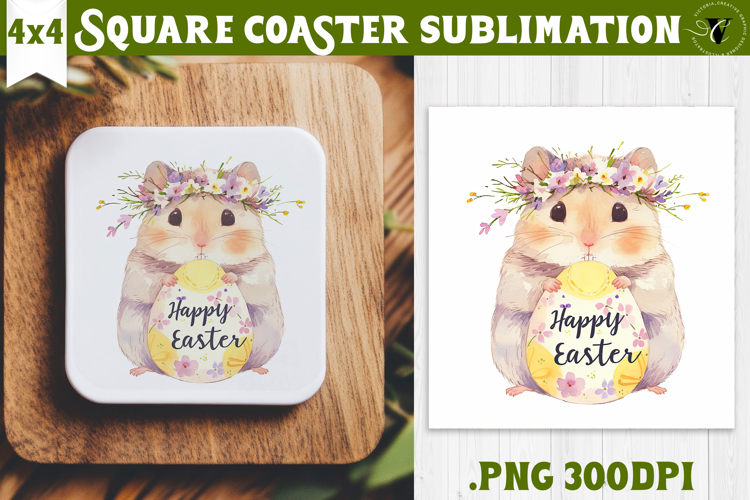 Easter Square Coaster | Watercolor Hamster | Happy Easter