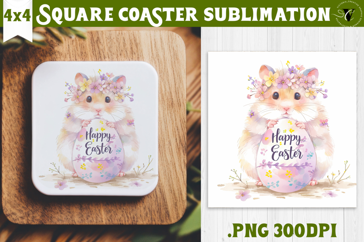 Easter Square Coaster | Watercolor Hamster | Happy Easter