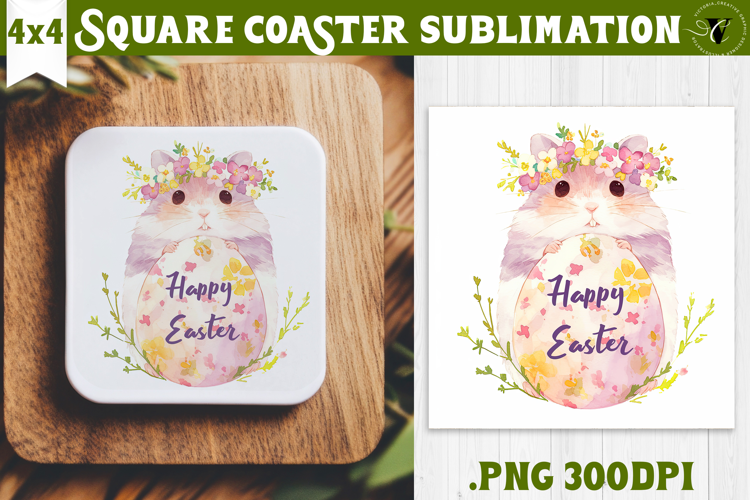 Easter Square Coaster | Watercolor Hamster | Happy Easter