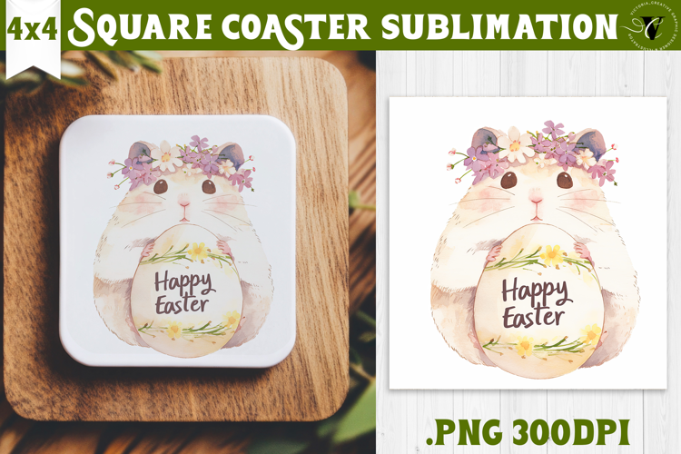 Easter Square Coaster | Watercolor Hamster | Happy Easter