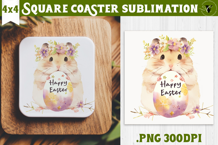 Easter Square Coaster | Watercolor Hamster | Happy Easter