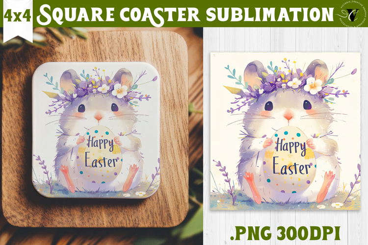 Easter Square Coaster | Watercolor Hamster | Happy Easter