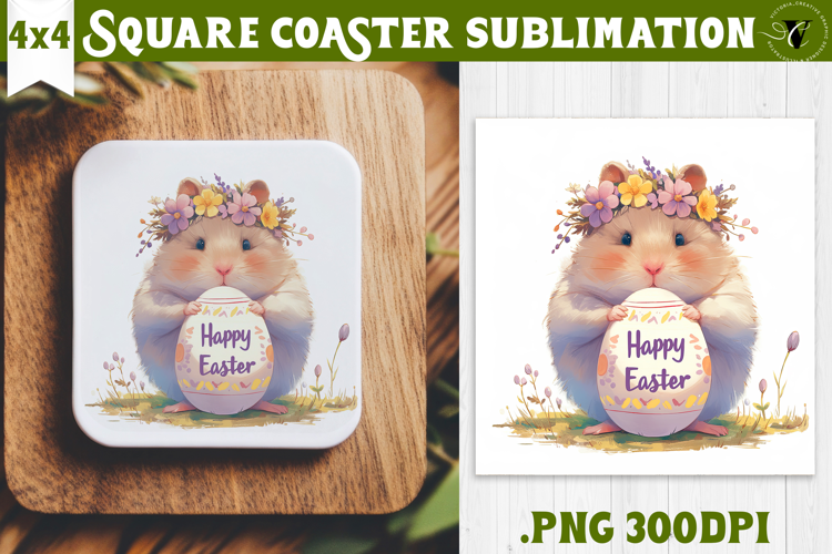 Easter Square Coaster | Watercolor Hamster | Happy Easter