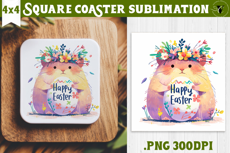 Easter Square Coaster | Watercolor Hamster | Happy Easter
