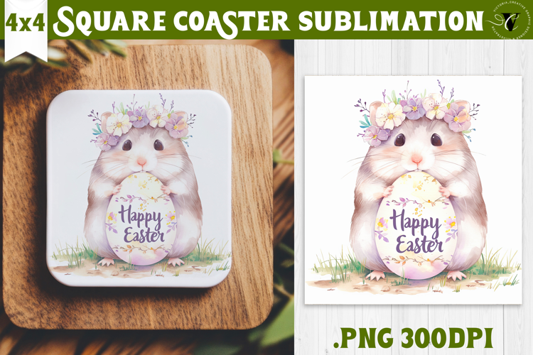 Easter Square Coaster | Watercolor Hamster | Happy Easter