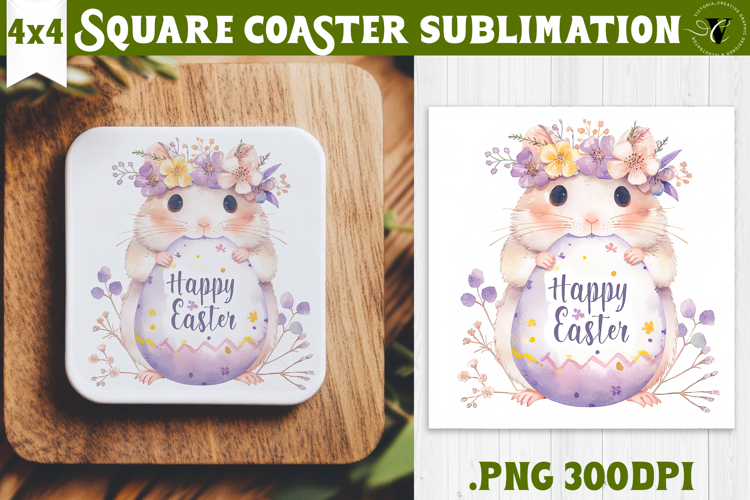 Easter Square Coaster | Watercolor Hamster | Happy Easter