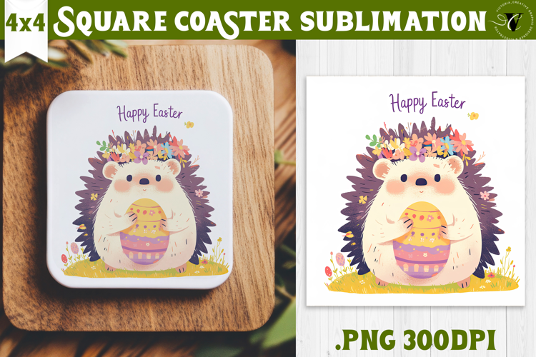 Easter Square Coaster | Watercolor Hedgehog | Happy Easter