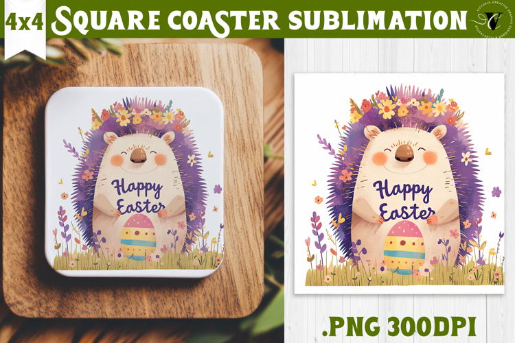 Easter Square Coaster | Watercolor Hedgehog | Happy Easter