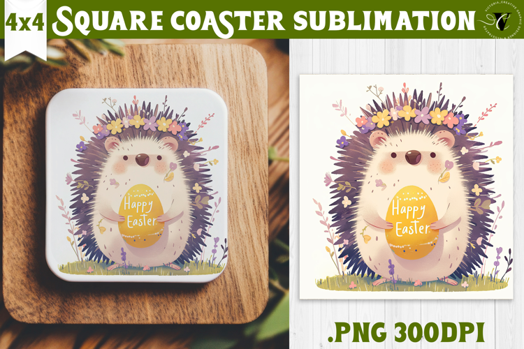 Easter Square Coaster | Watercolor Hedgehog | Happy Easter