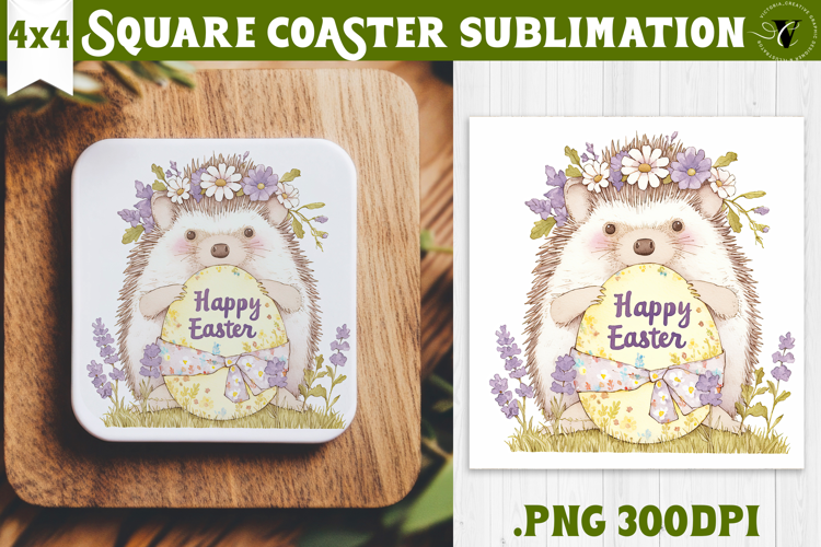 Easter Square Coaster | Watercolor Hedgehog | Happy Easter