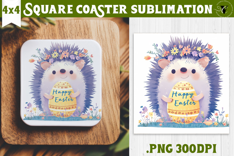 Easter Square Coaster | Watercolor Hedgehog | Happy Easter