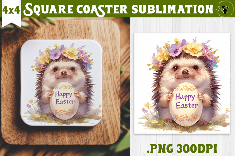 Easter Square Coaster | Watercolor Hedgehog | Happy Easter