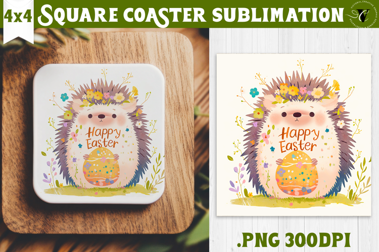 Easter Square Coaster | Watercolor Hedgehog | Happy Easter