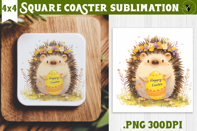Easter Square Coaster | Watercolor Hedgehog | Happy Easter