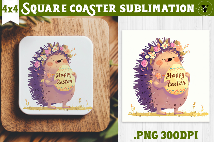 Easter Square Coaster | Watercolor Hedgehog | Happy Easter