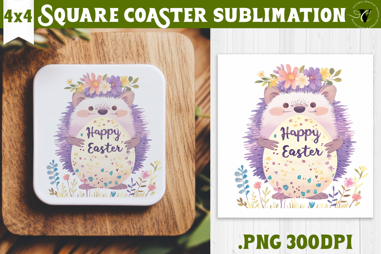 Easter Square Coaster | Watercolor Hedgehog | Happy Easter