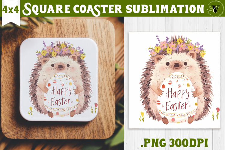 Easter Square Coaster | Watercolor Hedgehog | Happy Easter
