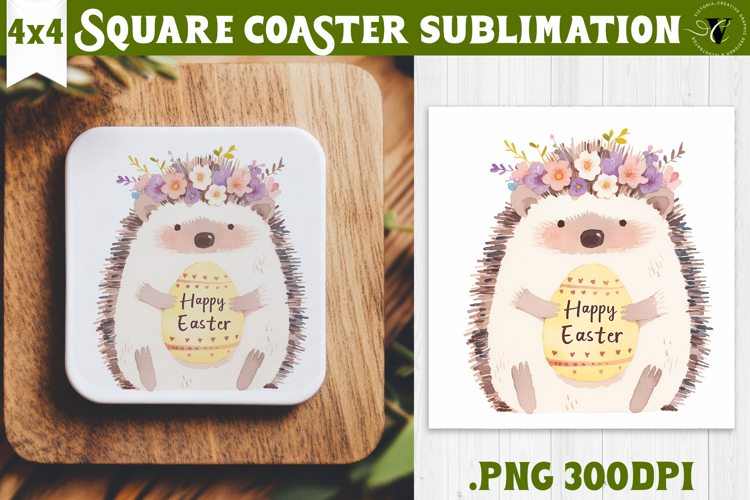 Easter Square Coaster | Watercolor Hedgehog | Happy Easter