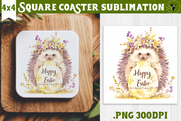 Easter Square Coaster | Watercolor Hedgehog | Happy Easter