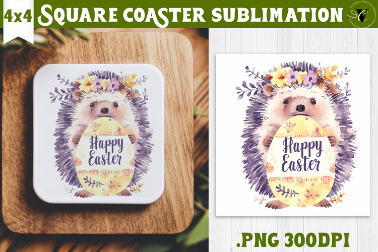 Easter Square Coaster | Watercolor Hedgehog | Happy Easter