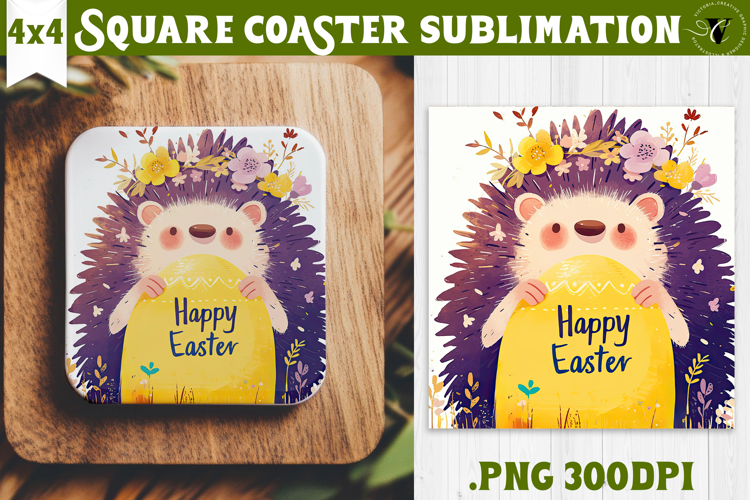 Easter Square Coaster | Watercolor Hedgehog | Happy Easter