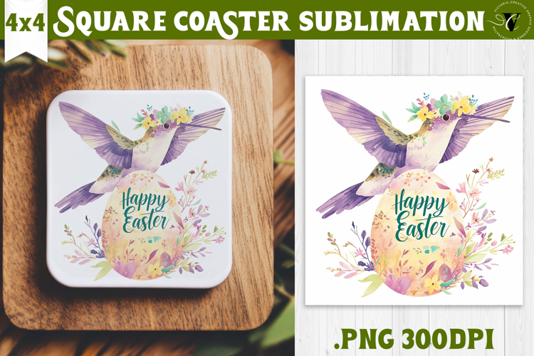 Square Coaster | Watercolor Hummingbird | Happy Easter