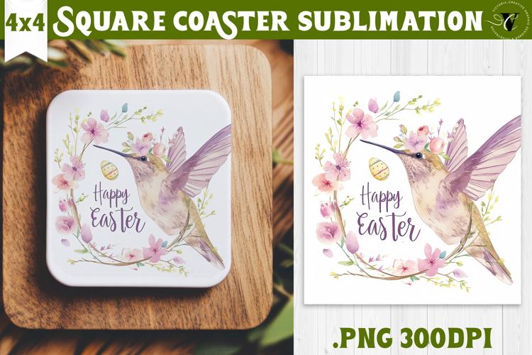 Square Coaster | Watercolor Hummingbird | Happy Easter