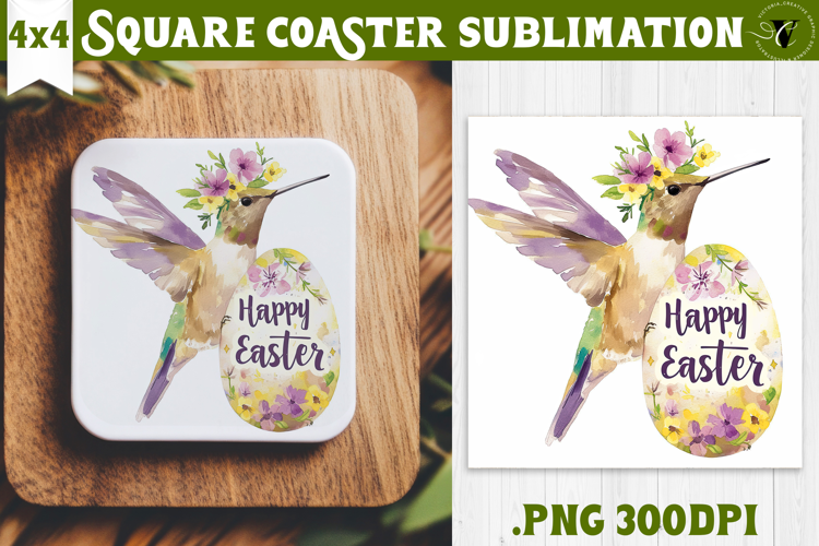 Square Coaster | Watercolor Hummingbird | Happy Easter