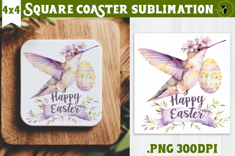 Square Coaster | Watercolor Hummingbird | Happy Easter