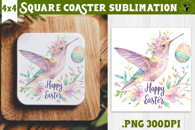 Square Coaster | Watercolor Hummingbird | Happy Easter