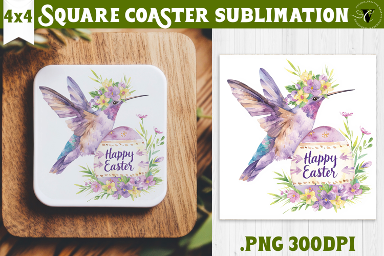 Square Coaster | Watercolor Hummingbird | Happy Easter