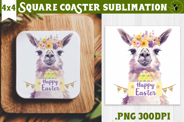 Easter Square Coaster | Watercolor Lama | Happy Easter