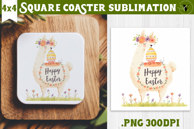 Easter Square Coaster | Watercolor Lama | Happy Easter