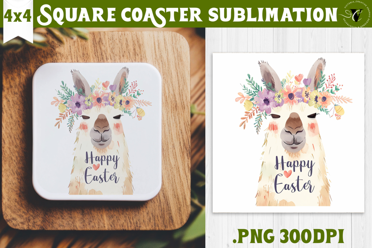 Easter Square Coaster | Watercolor Lama | Happy Easter