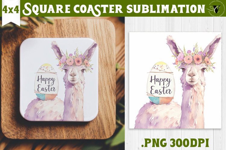 Easter Square Coaster | Watercolor Lama | Happy Easter