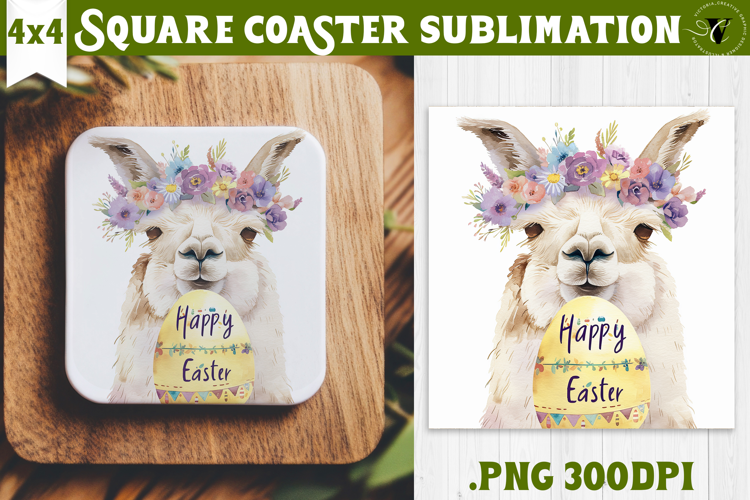 Easter Square Coaster | Watercolor Lama | Happy Easter