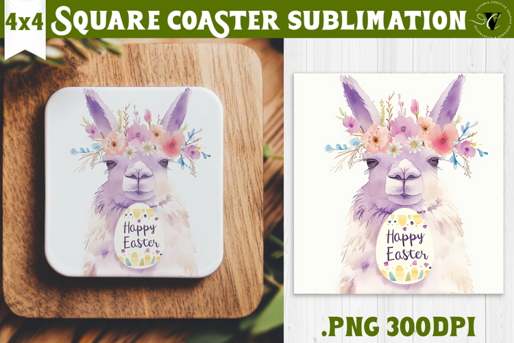 Easter Square Coaster | Watercolor Lama | Happy Easter