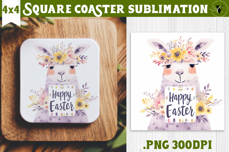 Easter Square Coaster | Watercolor Lama | Happy Easter
