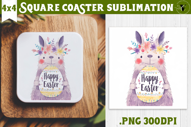 Easter Square Coaster | Watercolor Lama | Happy Easter