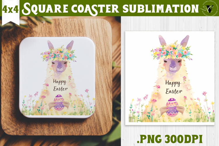 Easter Square Coaster | Watercolor Lama | Happy Easter