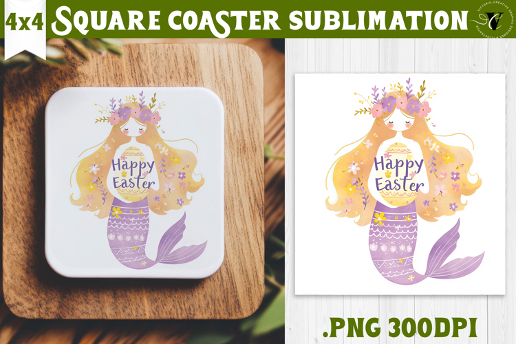 Easter Square Coaster | Watercolor Mermaid | Happy Easter
