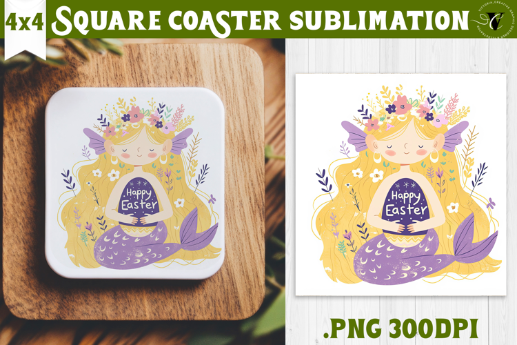 Easter Square Coaster | Watercolor Mermaid | Happy Easter