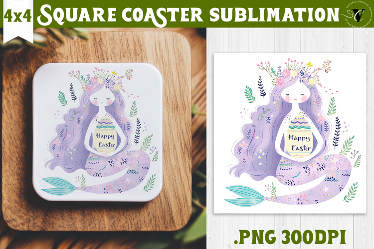 Easter Square Coaster | Watercolor Mermaid | Happy Easter