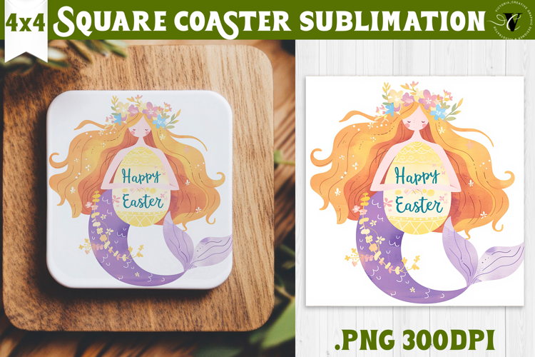 Easter Square Coaster | Watercolor Mermaid | Happy Easter